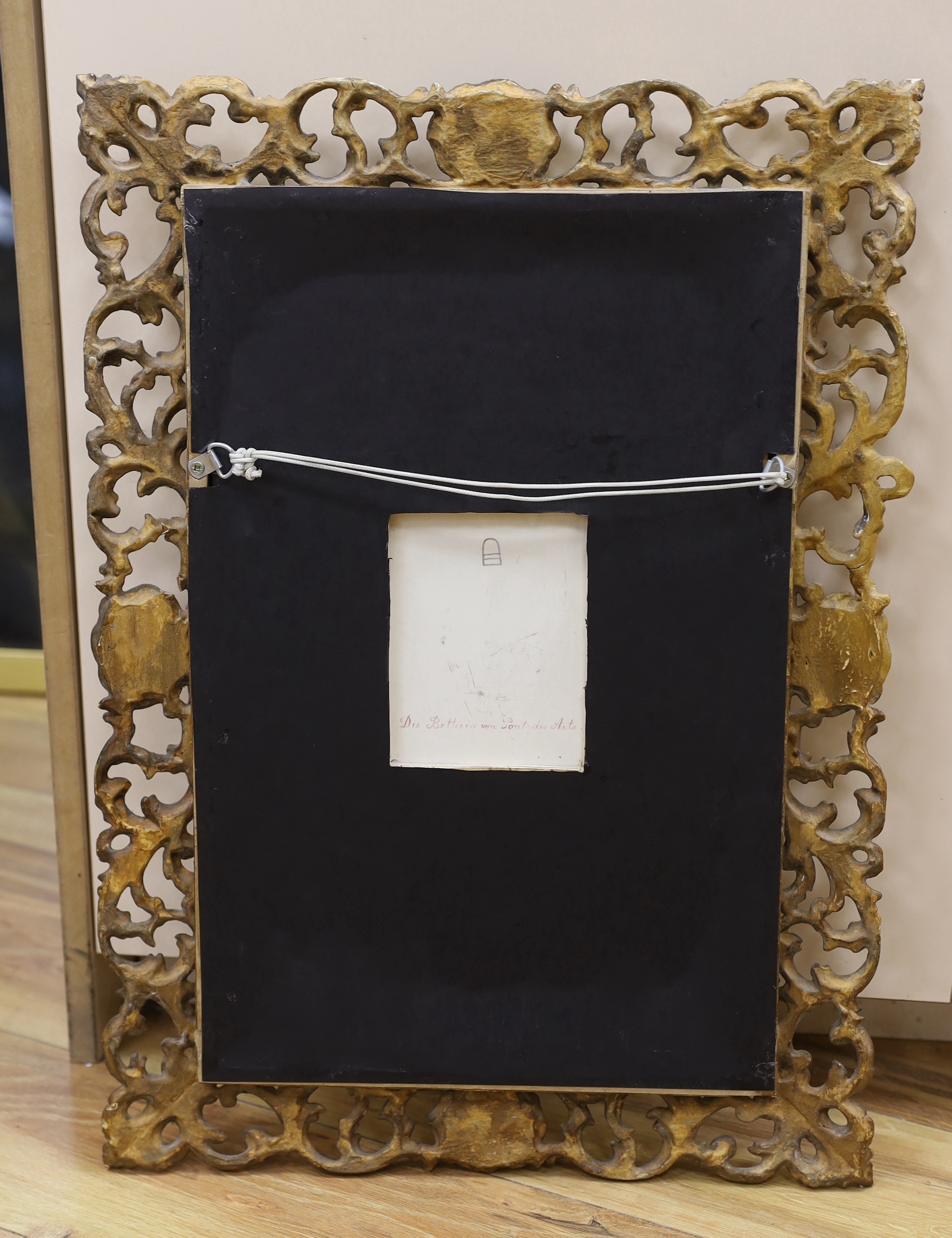 A large Vienna style porcelain plaque of a lady musician, indistinctly signed, gilt Florentine frame, 43x27cm